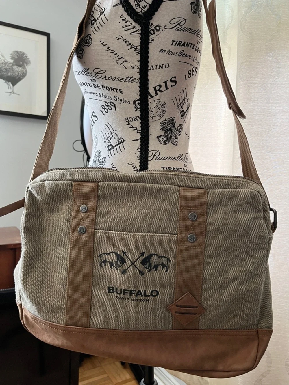 Buffalo David Bitton Olive Canvas Messenger Bag with Brown Trim